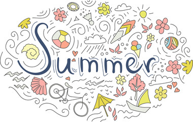 the inscription summer background pattern with Bicycle, ball, flourishes, skateboard, shells and flowers.