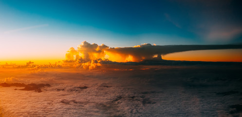 Beautiful Panorama Of Sunset Over Mountains. Bright Blue, Orange