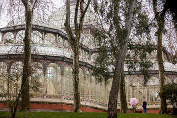 Crystal Palace of the Retiro Park in Madrid on a rainy winter day