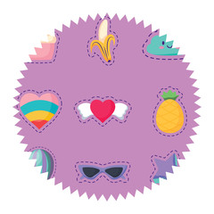 seal stamp with fruits and heart pattern over white background, vector illustration