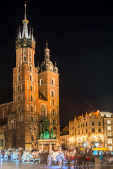 Fototapeta na wymiar Church of Mary against the black night sky, Krakow Poland