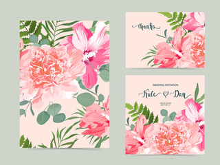 Floral set  with hibiscus, peony and eucalyptus. For wedding, Valentine's day, Birthday. Vector illustration. Watercolor style