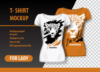 T-Shirt Mockup with leopard and funny phrase in two colors. Mockup layered and editable.