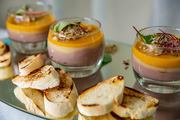 baguette with French layer pate. chicken pate in glass and toast bread at the restautant