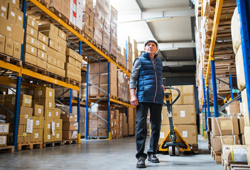 Senior male warehouse worker pulling a pallet truck.