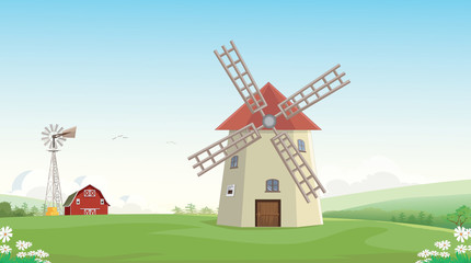 Obraz premium illustration of Mountain countryside farm barn with windmill