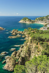 Fototapeta na wymiar Spanish mediterranean coast at the Costa Brava with village Tossa de Mar and his medieval