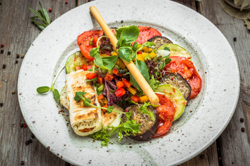 grilled vegetables, grilled suluguni cheese