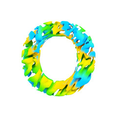 Alphabet letter O uppercase. Liquid font made of blue, green and yellow splash paint. 3D render isolated on white background.