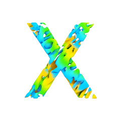 Alphabet letter X uppercase. Liquid font made of blue, green and yellow splash paint. 3D render isolated on white background.