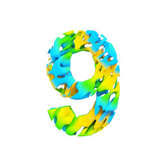 Alphabet number 9. Liquid font made of blue, green and yellow splash paint. 3D render isolated on white background.