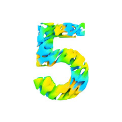 Alphabet number 5. Liquid font made of blue, green and yellow splash paint. 3D render isolated on white background.