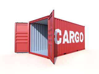 Ship cargo container side view with cardboard boxes