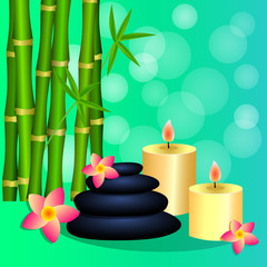 Fototapeta na wymiar Bamboo, candles, Spa stones for banner, leaflet, brochure, poster, website decoration.