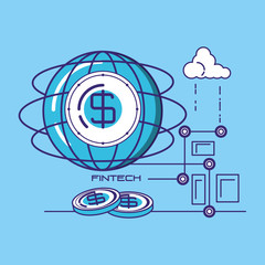 Fintech concept with global sphere and money coins over blue background, vector illustration