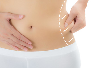 Close up  Woman grabbing skin on her flanks with the drawing arrows, Lose weight and liposuction cellulite removal concept, Isolated on white background.