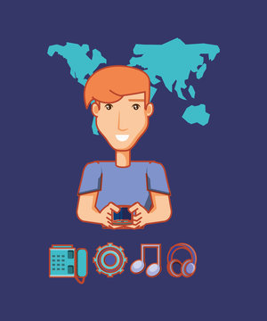 cartoon man using the cellphone and with  social media related icons around over world map and blue background, colorful design. vector illustration