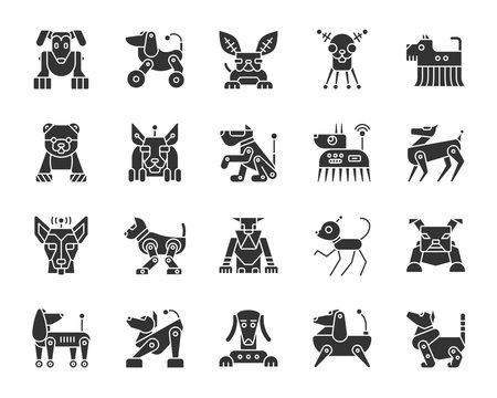 Robot Dog Black Silhouette Icons Vector Set