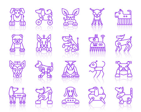 Robot Dog simple ultraviolet line icons vector set