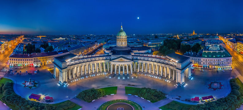 Panorama of St. Petersburg. Kazan Cathedral. Nevsky Prospekt in St. Petersburg. Russia. Evening Peter. Panoramas of Russian cities.