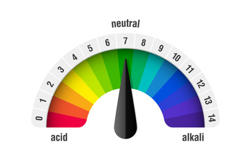 pH value scale meter for acid and alkaline solutions, acid-base balance infographic