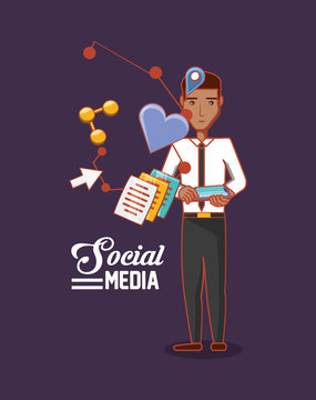 cartoon businessman standing with social media related icons over purple background, colorful design. vector illustration