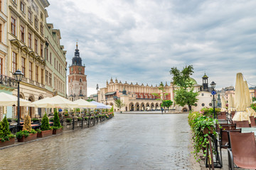 Cafe, Tower Hall and shopping arcade in the main square of Krakow in Poland