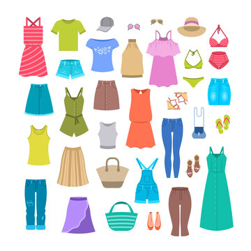 Women clothes and accessories collection for summer vacation. Seasonal female outfit flat vector icons. Casual fashion infographic elements. Beach clothes, footwear, bag, swimsuit, hat, sunglasses