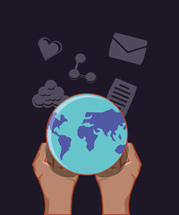 hands holding and earth planer with social media related icons over black background, colorful design. vector illustration