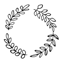 Hand drawn thin line wreath with leaves and branches. Vector illustration.