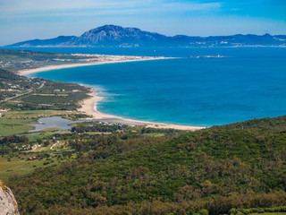 Obraz premium Top view from the mountains toTarifa, costa de la luz, andalusia, spain europe and the beaches