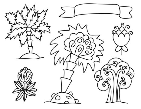 Set of tropical plants, vector outline objects, black vector doodle drawings isolated on white background