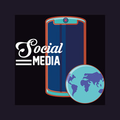 social media design with smartphone and earth planet over black background, colorful design. vector illustration