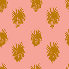 Fototapeta na wymiar Tropical background with gold hand drawn palm leaves on pink. Tropic seamless pattern. Vector.