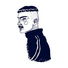 Hand drawn illustration of unfriendly football fan man with trendy short haircut wearing black striped sport suit. Isolated vector on a white background.
