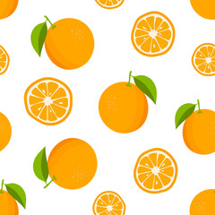 Citrus background with oranges. Seamless pattern with tropic fruits on white background. Vector illustration