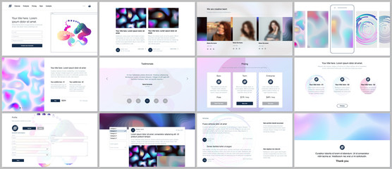 Fototapeta na wymiar Vector templates for website design, minimal presentations, portfolio with geometric patterns, gradients, fluid shapes. UI, UX, GUI. Design of headers, dashboard, contact forms, features page, blog