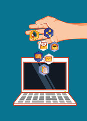 laptop computer with social media related icons over background, colorful design. vector illustration