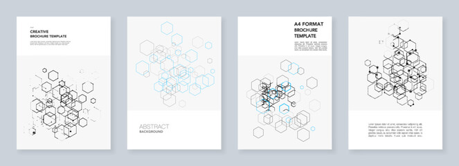 Minimal brochure templates with hexagons and lines on white. Hexagon infographic. Digital technology, science or medical concept.Templates for flyer, leaflet, brochure, report, presentation