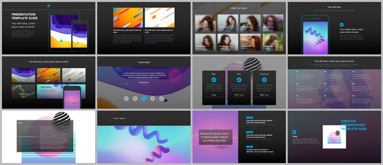 Minimal presentations, portfolio templates. Simple elements on black background. Brochure cover vector design. Presentation slides for flyer, leaflet, brochure, report, marketing, advertising