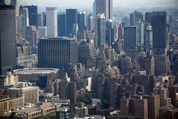 View into Manhattan, New York City, helicopter perspective