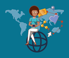 cartoon woman sitting on global sphere with social media related icons over blue background, colorful design. vector illustration