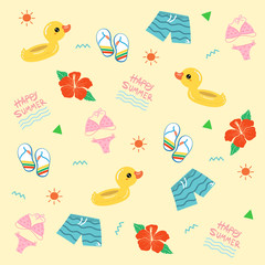 Duck inflatable ring with Summer objects theme , Summer pattern, Vector illustration