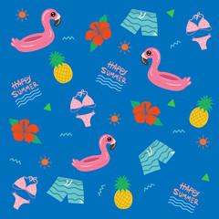 Flamingo inflatable ring with Summer objects theme , Summer pattern, Vector illustration
