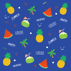 Tropical Fruit in Summer , Watermelon , pineapple , coconut pattern, Vector illustration