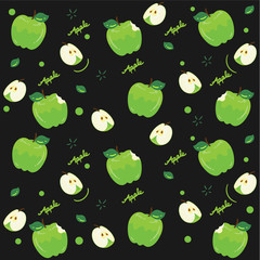 Green apple pattern on black background, Vector illustration