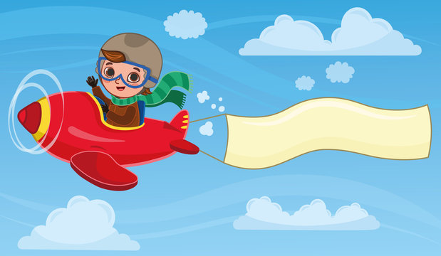 Cute boy pilot flies on a red plane with a banner. Cartoon vector illustration