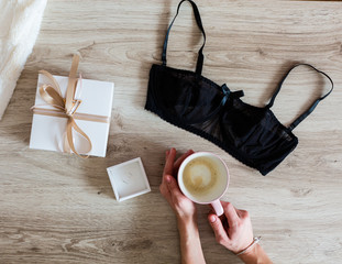 Woman's accessories on a wooden background