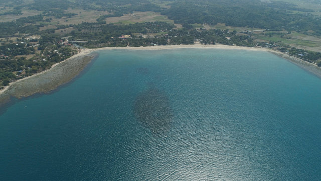 Beautiful tropical beach Cabugao with white sand and palm trees in the Philippines, Luzon. Aerial view of coast with beach and turquoise water.