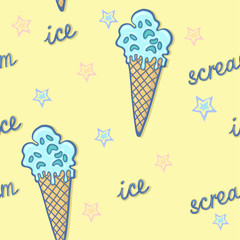 Hand drawn illustration of crazy funny creepy zombie cartoon cone waffle blue ice cream with blue and peach pink stars and lettering ICE SCREAM seamless pattern on a yellow background.
